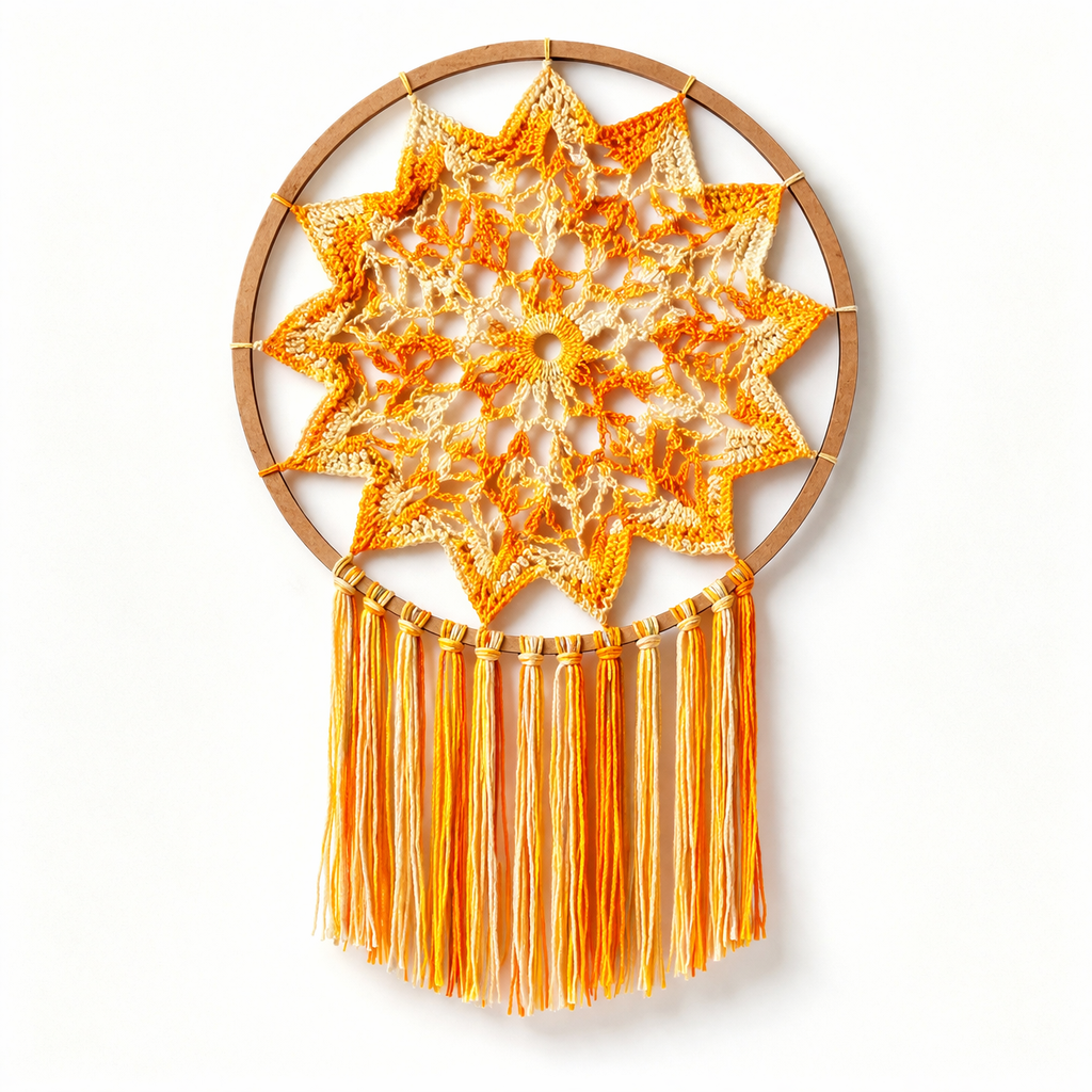 Mandala de Crochê Artesanal 50cm com Franja – Energia Solar, Vitalidade e Harmonia para Ambientes
