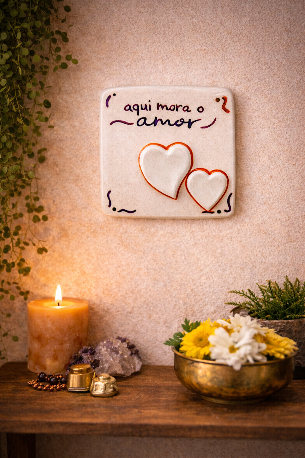 Placa Aqui Mora o Amor em Cerâmica Fria - Peça Feita à Mão