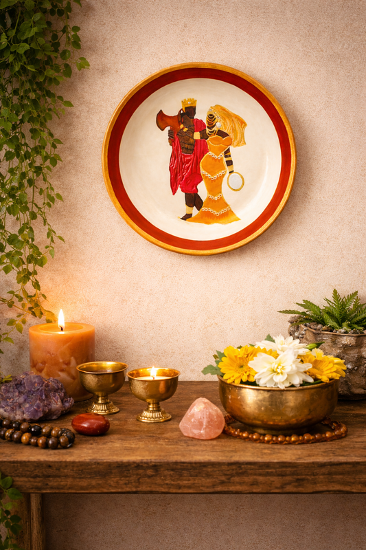 Prato Decorativo Xangô e Oxum em Cerâmica Fria - Feito à Mão