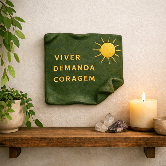 Placa Viver Demanda Coragem em Cerâmica Fria - Feito à Mão